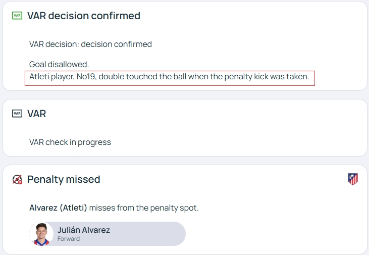官方明確！歐冠官網(wǎng)：阿爾瓦雷斯罰點(diǎn)時(shí)2次觸球，VAR決定進(jìn)球無效